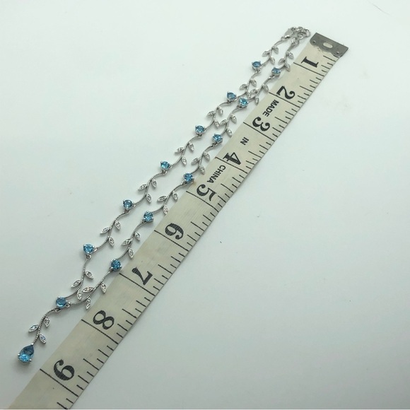 STERLING Blue Topaz & CZ Fancy Leaves Vines Necklace w Drop Pendant 16” + 1” - Picture 7 of 10